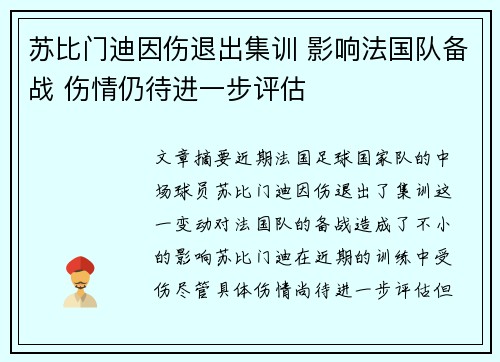 苏比门迪因伤退出集训 影响法国队备战 伤情仍待进一步评估
