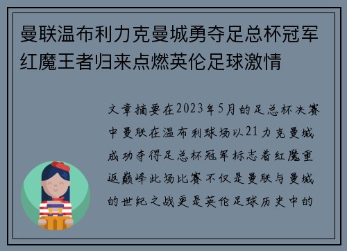 曼联温布利力克曼城勇夺足总杯冠军红魔王者归来点燃英伦足球激情