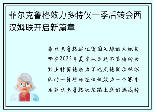 菲尔克鲁格效力多特仅一季后转会西汉姆联开启新篇章